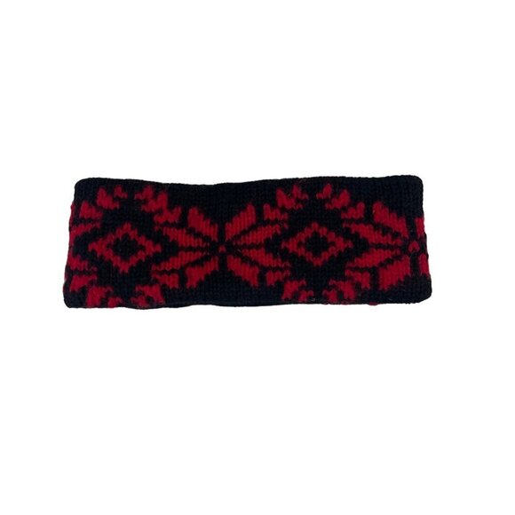 VTG Gap Black Red 100% Wool Knit Fair Isle Snowflake Winter Headband Onesize - Picture 1 of 3